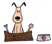 Hund im Körbchen mit Napf und Spielzeug